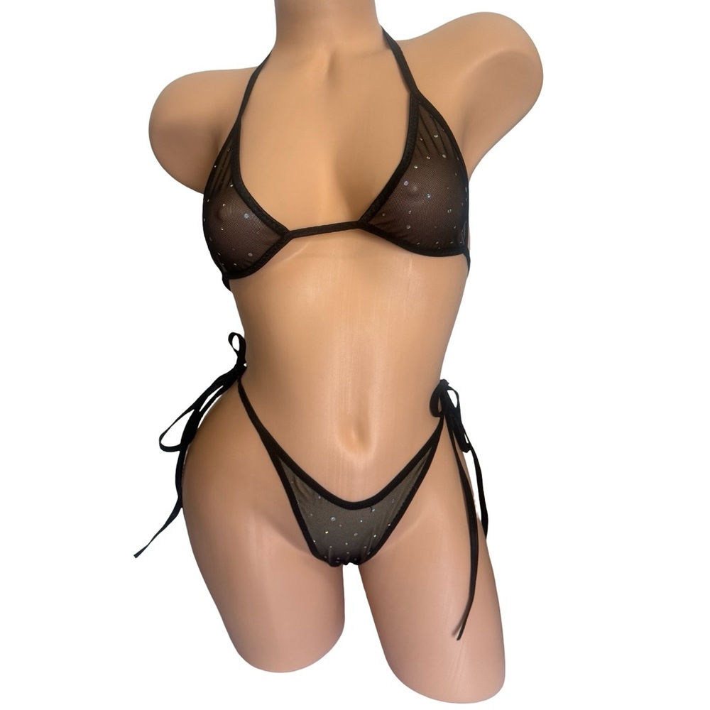 Sheer Rhinestone Mesh Bikini Set in Black